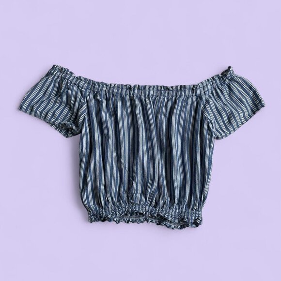 BeCool Blue & White Striped Off-Shoulder Tie-Front Top – Size Large - Picture 5 of 7